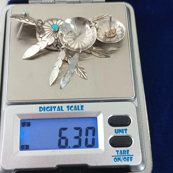 Sterling Silver and Turquoise / Feathers Dangle Earrings Native American - Picture 8 of 12